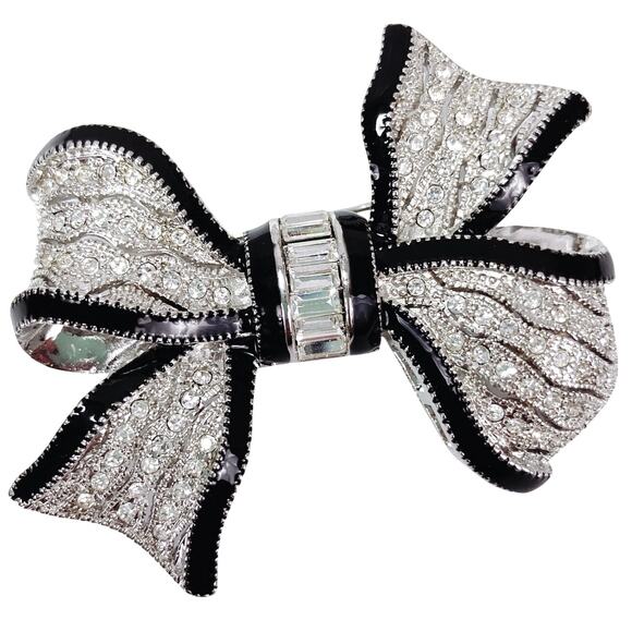 Signed Graziano Silver Tone Black Enamel Rhinestone Bow Brooch Vintage Designer - Picture 1 of 14
